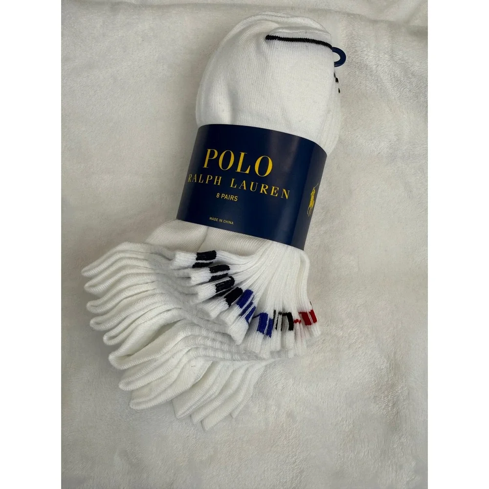 Polo Ralph Lauren Mens 8 Pair Crew Socks White Athletic Logo Size 10-13 New